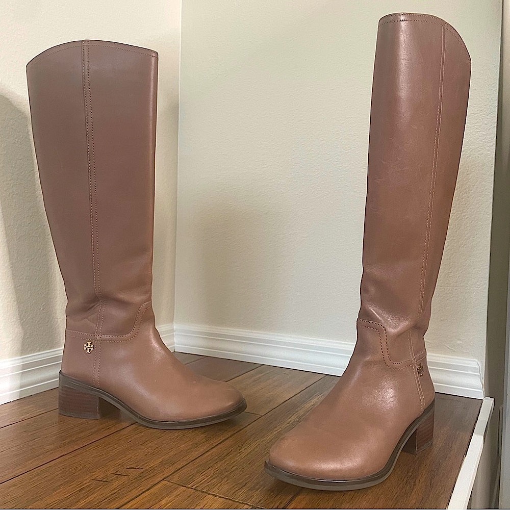 Tory Burch tan brown Leather Knee-High Boots zip up boots fall boots block heel - Picture 2 of 16